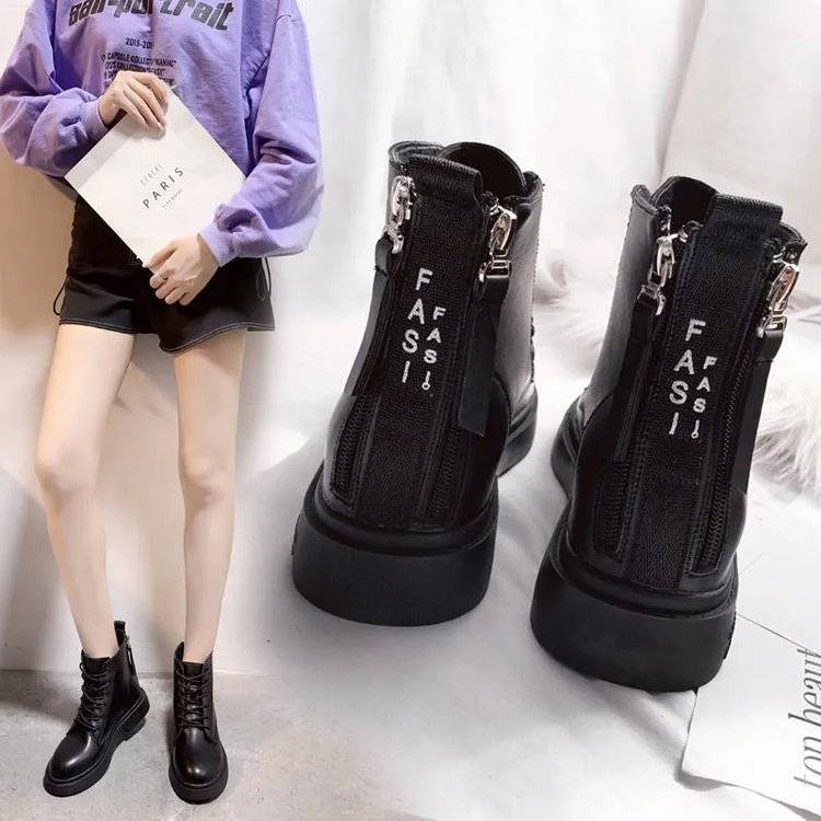 Giày Bốt Martin Đen Đế Dày 3.5Cm Cổ Thấp Phối Khóa Kéo Sau Thời Trang Xuân Thu Cho Nữ