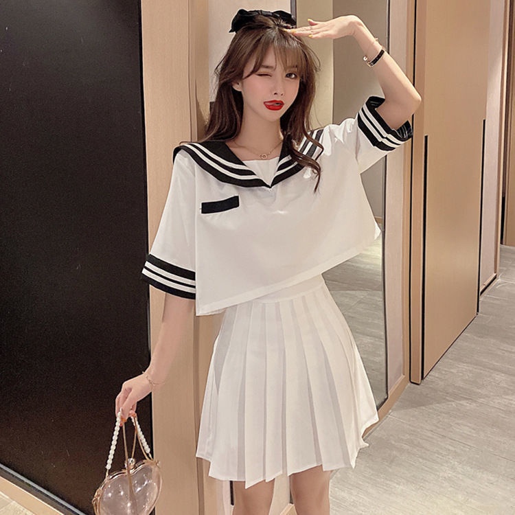 ✝ Mùa hè nhỏ nhắn ngọt ngào đại học gió hải quân cổ áo thủy thủ phù hợp với váy xếp ly cô gái váy ngắn tay cao eo cao ph