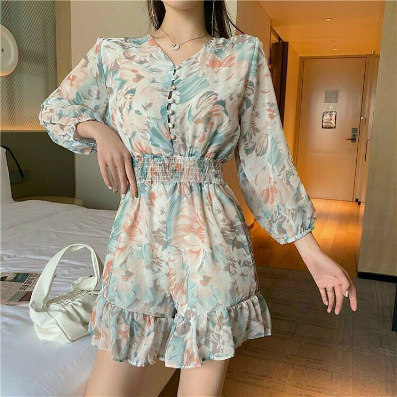 Hàng nhập - Jumpsuit ngắn voan lụa nút bọc, bộ jum đùi tay lỡ