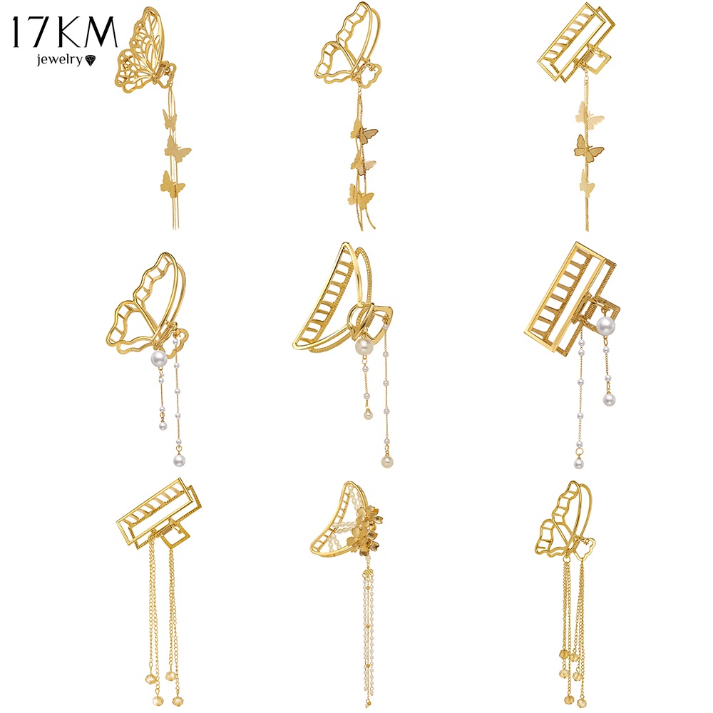 Kẹp tóc 17KM kim loại màu vàng phối dây tua rua ngọc trai nhân tạo/bươm bướm thời trang phong cách Hàn Quốc cho nữ