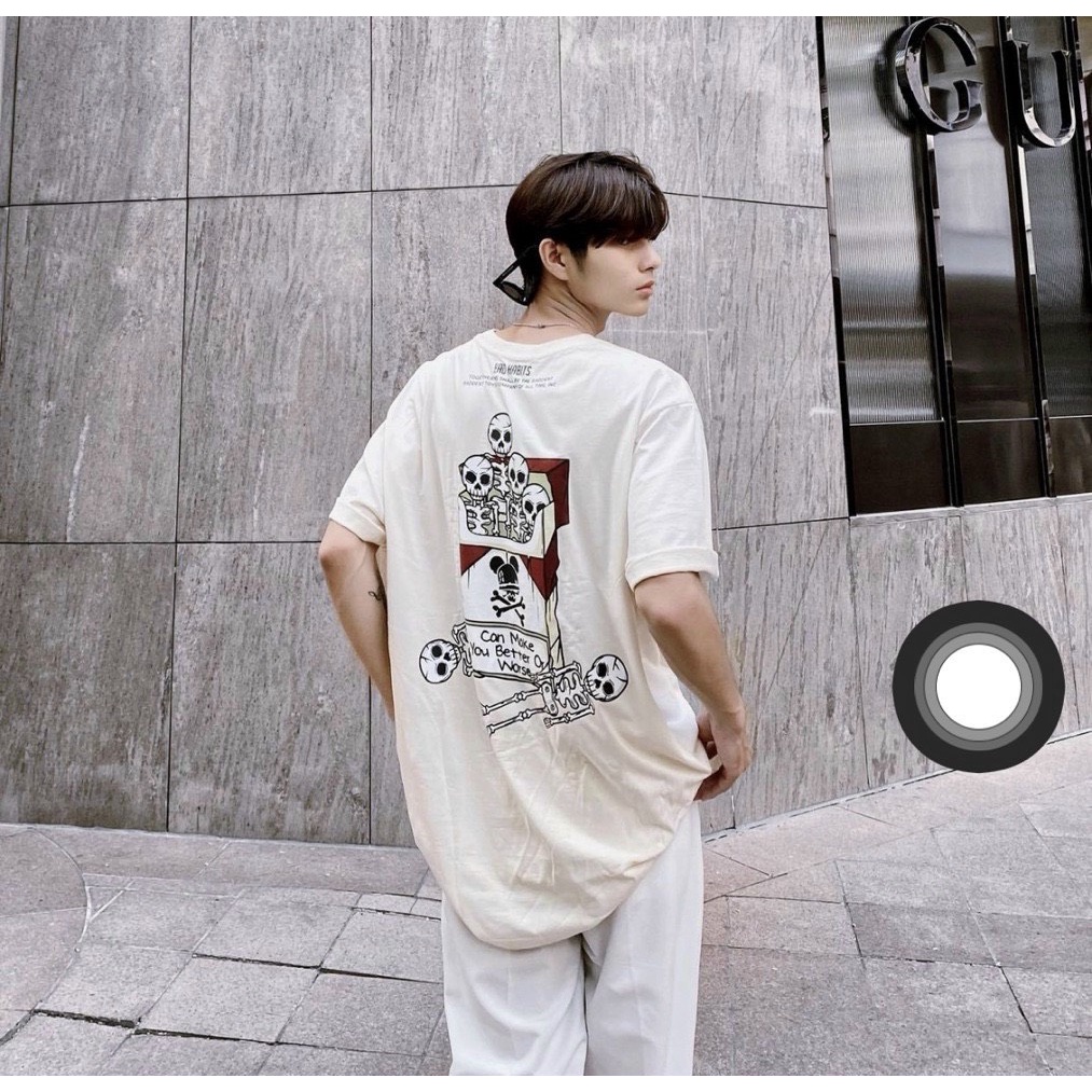 Áo thun TOBACCO unisex họa tiết Xương màu kem tay lỡ FORM RỘNG