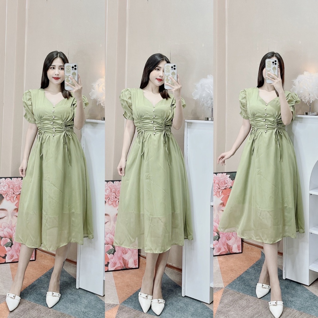 Váy nữ cổ V chất tơ 2 lớp vintage tay bồng hoạ tiết trơn phong cách nữ tính bánh bèo thời trangI Trần Hân Shop 3007443