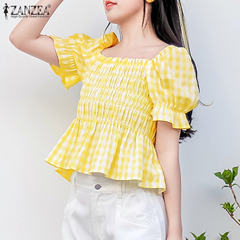 Áo kiểu ZANZEA tay phồng ngắn cổ vuông họa tiết sọc caro thời trang hè dành cho nữ