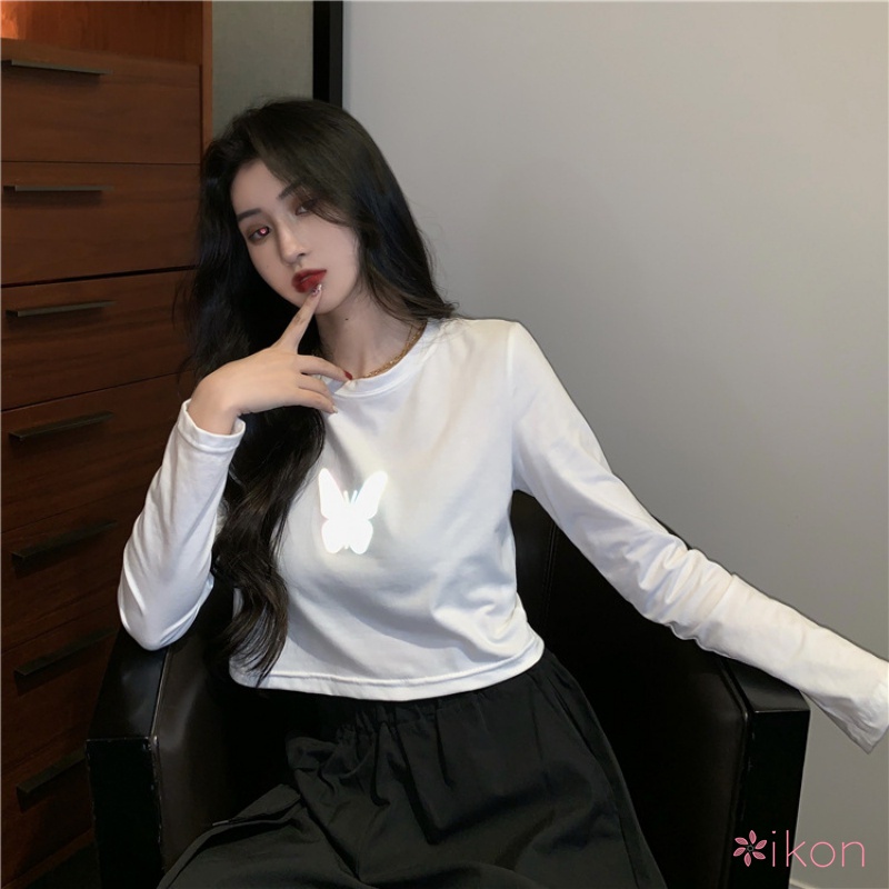 Áo Tay Dài Dáng Ôm In Hình Bướm Phản Quang Thời Trang Mùa Thu Cho Nữ