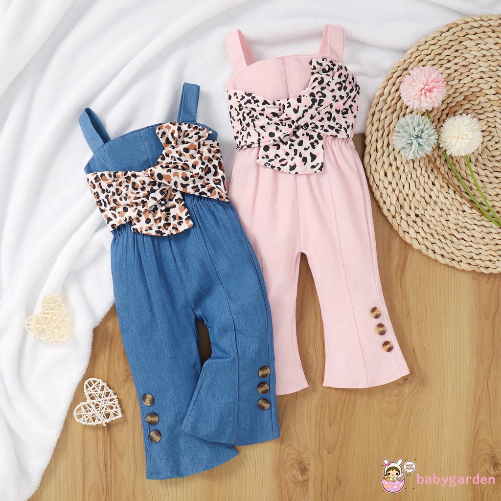 Bộ áo liền quần cổ vuông in họa tiết da báo màu hồng / xanh dương thời trang cho bé gái