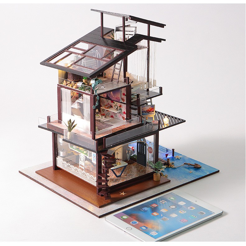 Mô hình nhà DIY Doll House Valencia Coast Kèm Mica Chống bụi, Bộ dụng cụ, Keo dán và Bộ phát nhạc