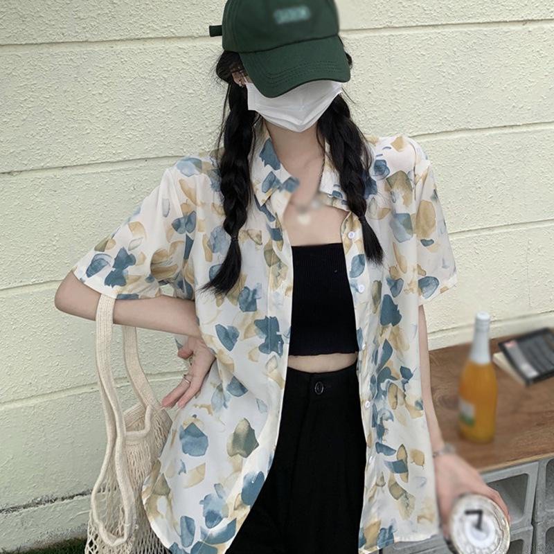 Áo Sơ Mi Chiffon Mỏng Tay Ngắn Dáng Rộng In Họa Tiết Kiểu Retro Hàn Quốc Thời Trang Mùa Hè Cho Nữ