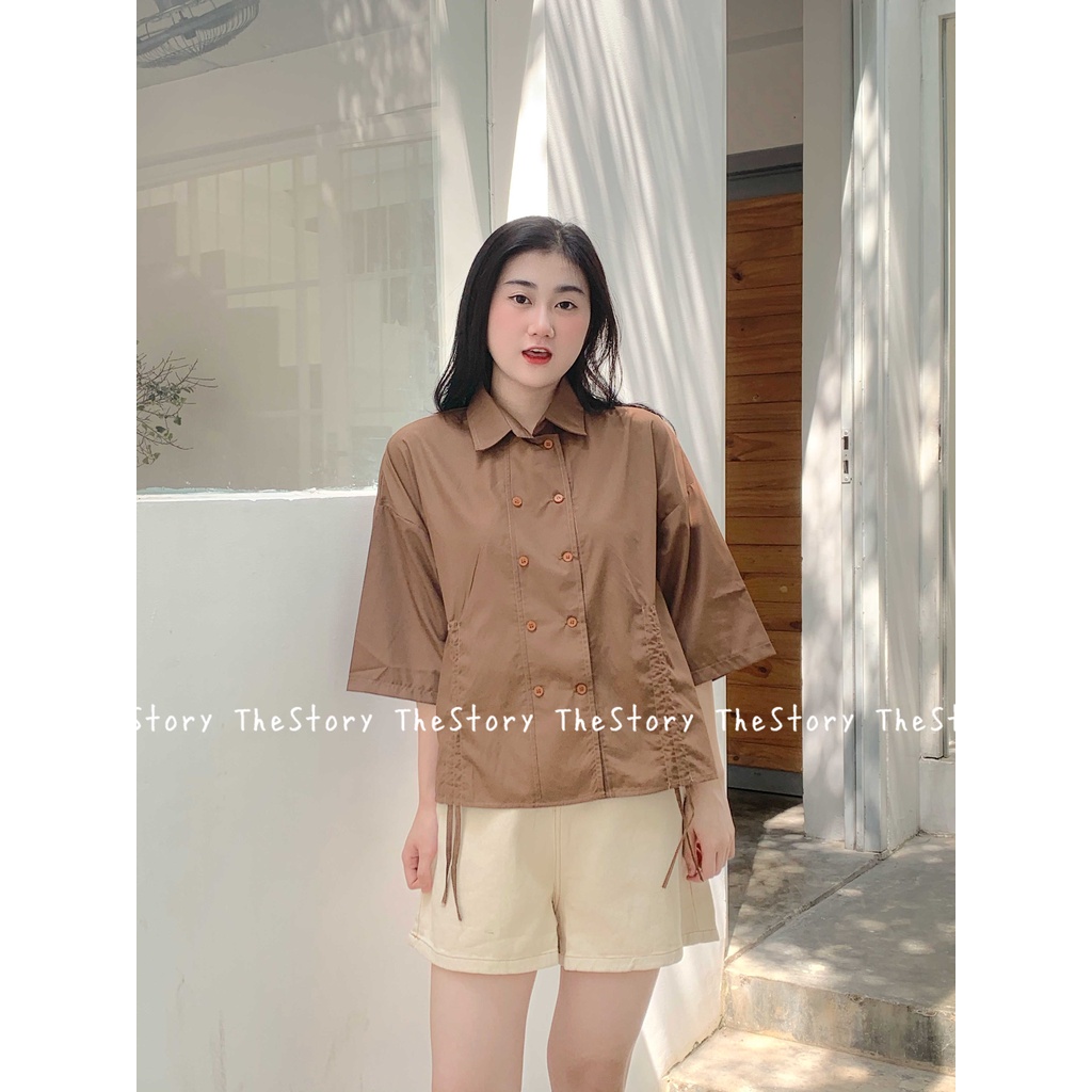 Áo sơ mi nữ tay ngắn rút dây  A2404