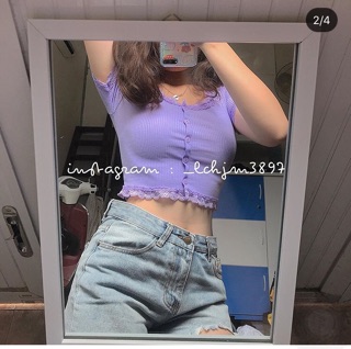 👻Áo Croptop Gân Nút Phối Ren