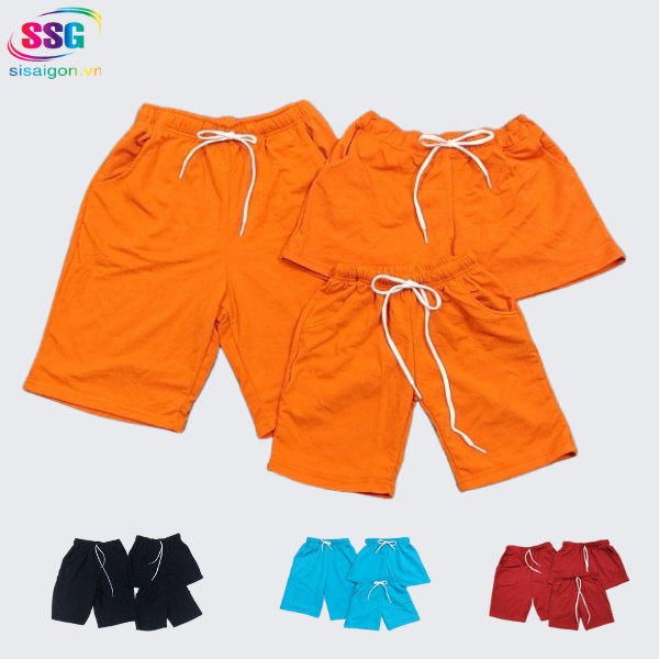 Quần đi biển gia đình màu CAM- chất liệu thun da cá, dày dặn, co giản tốt- Kiểu short ngắn SGQC
