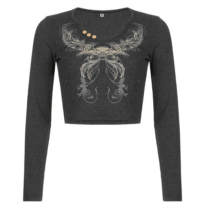 V-neck Slim Short T-shirt with Butterfly Print European and American Style For Women