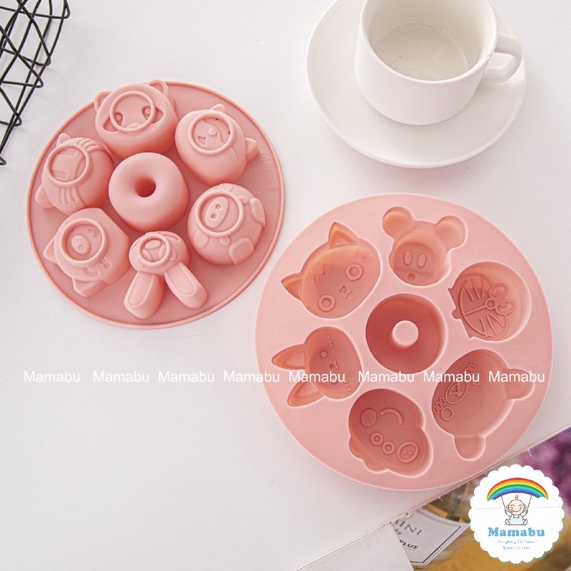 Khuôn Silicon Tròn Làm Bánh Flan, Thạch Pudding, Khuôn Hấp Bánh, Nướng Bánh Có Nắp Đậy Hình Con Vật Dễ Thương Mamabu