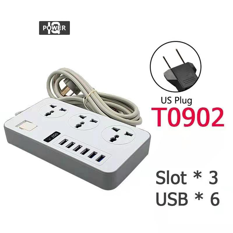 Ổ cắm điện 2m 3 đầu ra 6 cổng sạc USB thông minh 3000W phích cắm US bảo vệ đột biến điện thông dụng