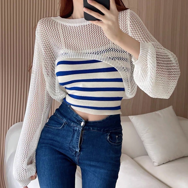 Bộ 2 Món Áo Croptop Phối Lưới Kẻ Sọc + Áo Hai Dây Quyến Rũ Cho Nữ