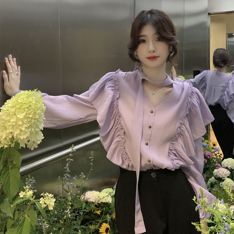 Ethelgirl Áo Sơ Mi Nữ Tay Dài Cổ Chữ v Dáng Rộng Thời Trang