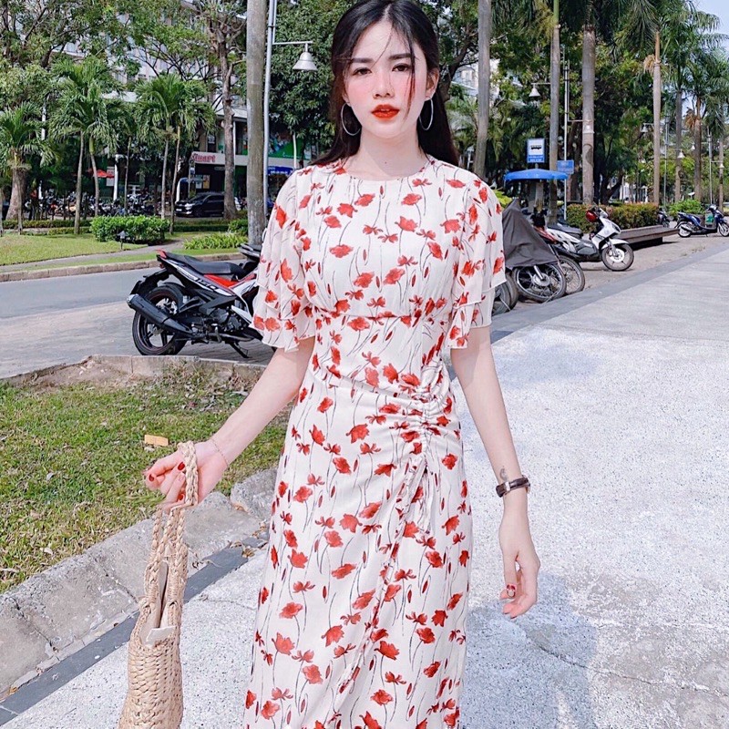 Đầm hoa đỏ tùng rút dây