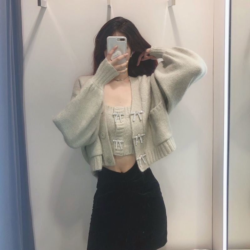Áo khoác cardigan Pure Cube dệt kim tay phồng phối nơ đính kim cương nhân tạo phong cách thu đông dành cho nữ