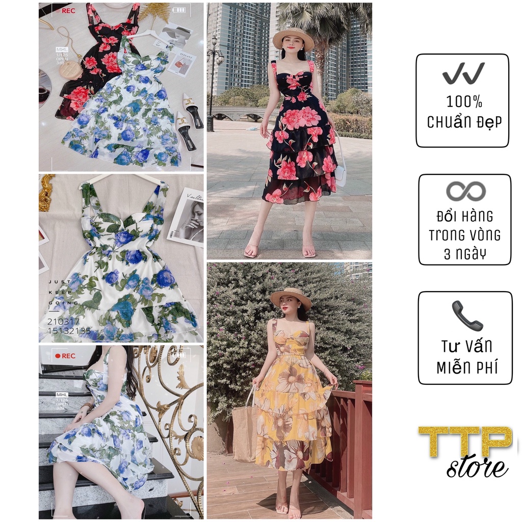 ĐẦM MAXI LỤA VOAN HOA DẬP TẦNG CÚP NGỰC 2 DÂY THIẾT KẾ QUẢNG CHÂU CAO CẤP - ĐẦM NỮ QUẢNG CHÂU TTP STORE