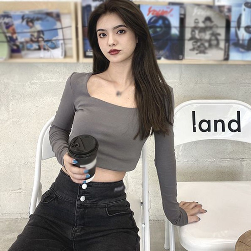Áo Croptop Tay Dài Cổ Vuông Màu Trơn Co Giãn Phong Cách Hàn Quốc 3 Màu Tùy Chọn
