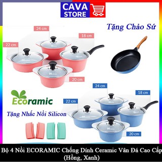 Bộ 4 Nồi Gốm Sứ Ceramic ECORAMIC Chống Dính Đáy Từ Hai Tay Cầm 18 20 22 24 cm Tặng 2 Nhấc Nồi Sillicon và Chảo Gốm 20 cm