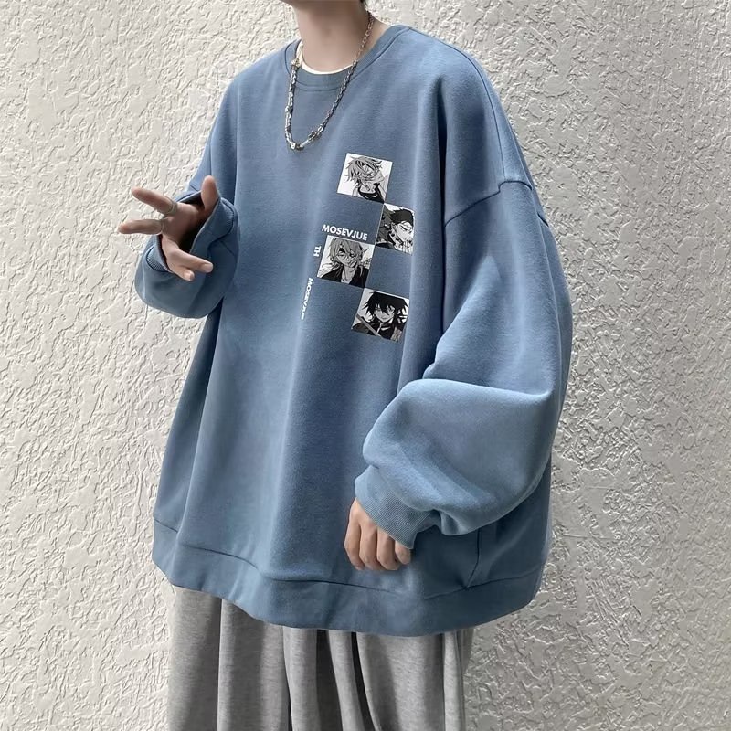 Áo Sweater Tay Dài Dáng Rộng In Hình Anime Màu Trắng Đen Thời Trang Mùa Thu Cho Nam Và Nữ