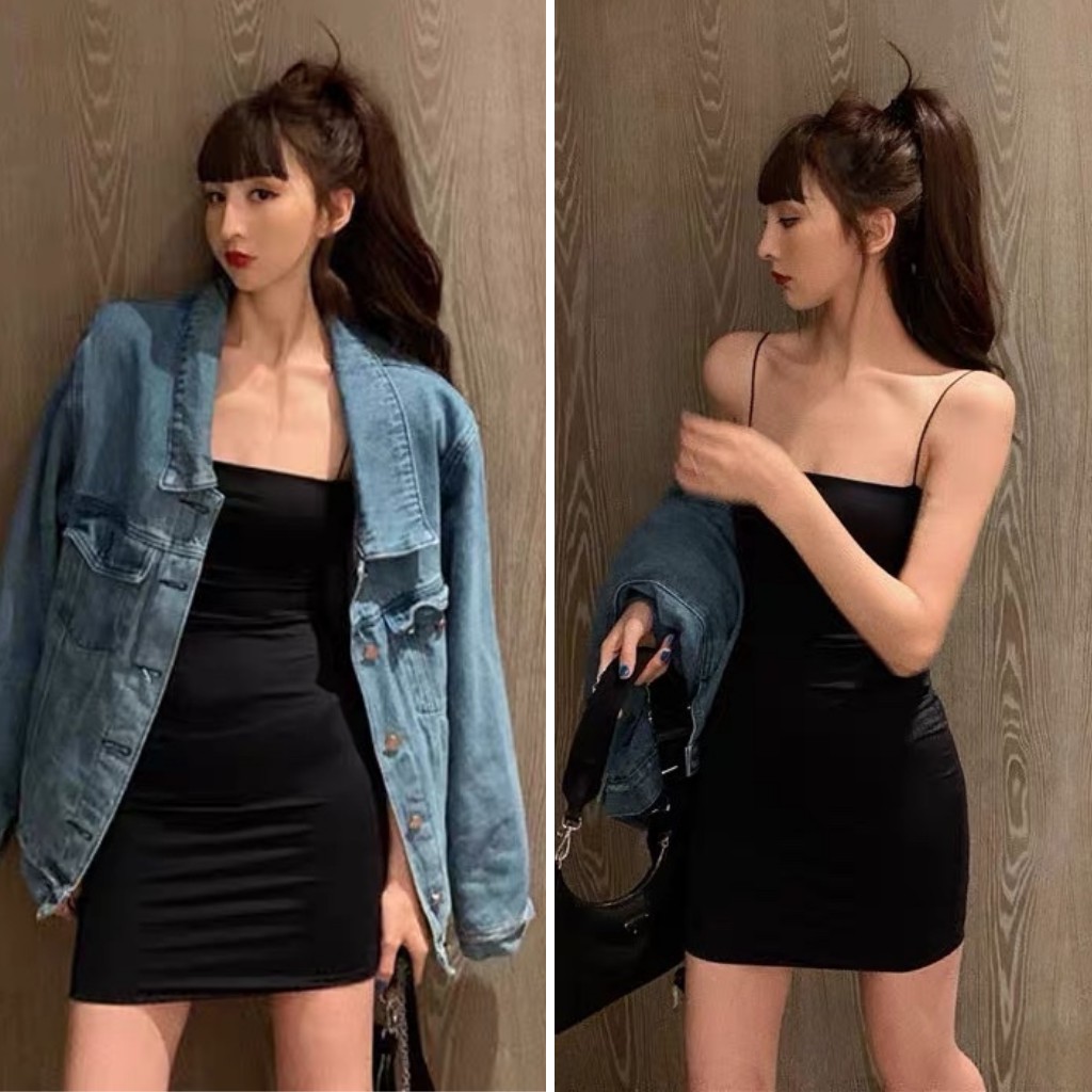 Váy 2 dây body sợi bún thun gân dày đẹp ôm body 2 dáng ngắn dài freesize