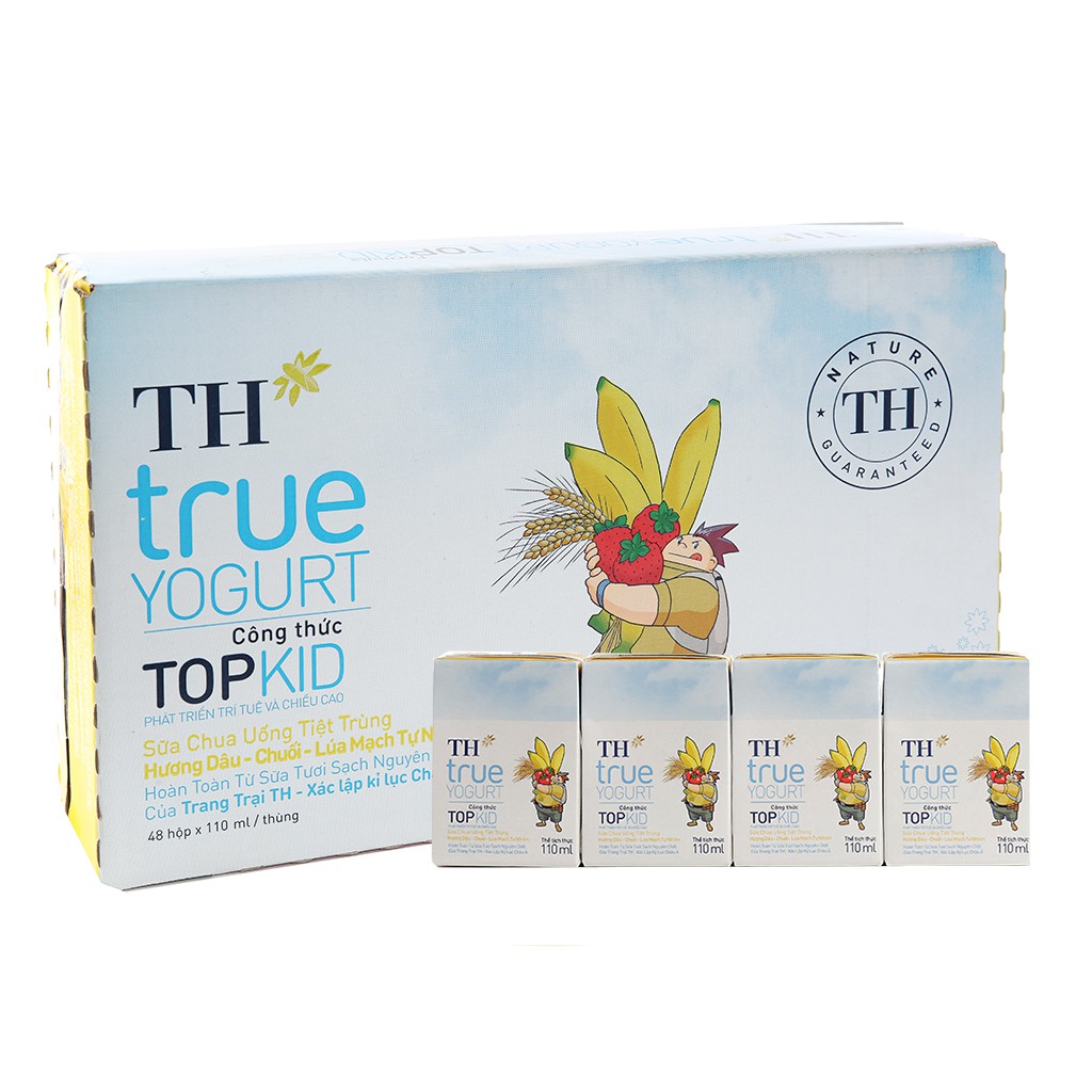 Thùng 48 hộp sữa chua uống TH True Yogurt Top Kid vị dâu chuối và lúa mạch 110ml