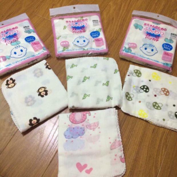 Khăn sữa, khăn xô sữa 2 lớp hoa văn in hình xuất Nhật có nhiều màu cho bé trai/gái (túi 10 khăn)