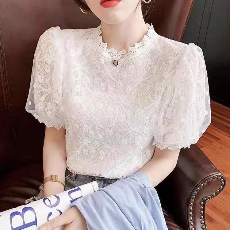 Plus Áo Kiểu Tay Ngắn Phối Ren Hoa Phong Cách Hàn Quốc Có Size Lớn