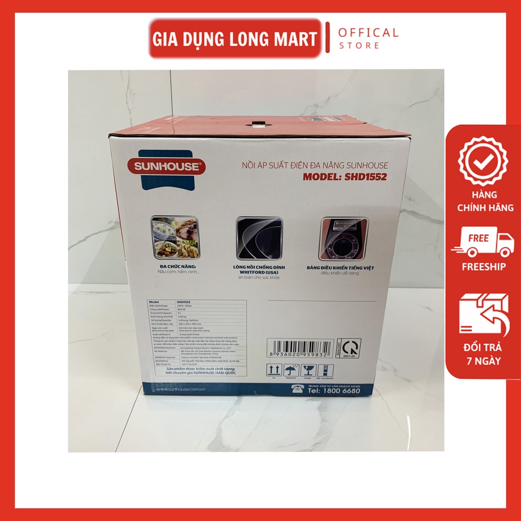 Nồi áp xuất điện đa năng SUNHOUSE SHD-1552 Dung tích 5L, Lòng liêu siêu dày chống dính tốt, Hàng chính hãng, BH 12 Tháng