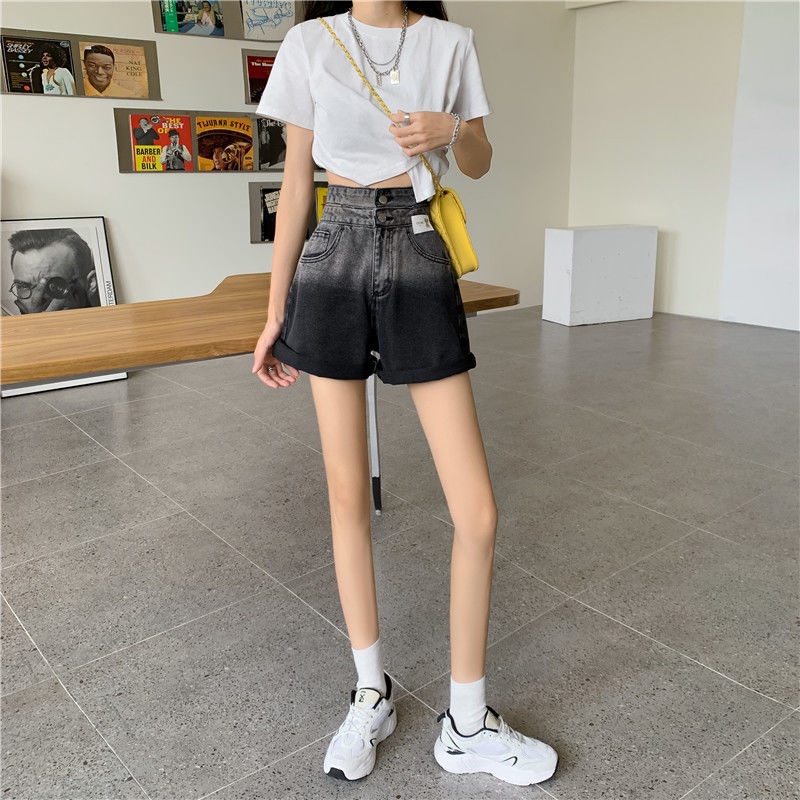 Quần Short Jeans Lưng Cao Ống Rộng Màu Gradient Thời Trang Cho Nữ