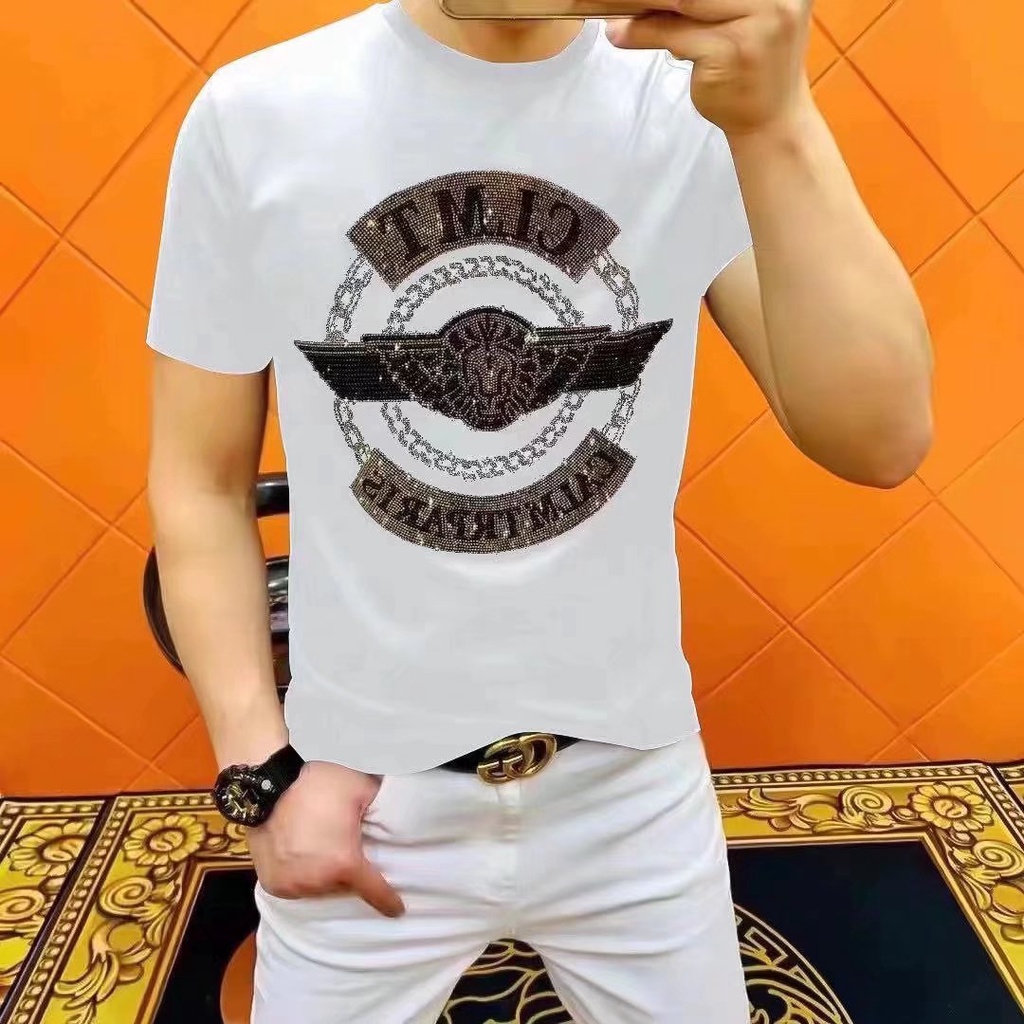 Áo Thun Cotton Tay Ngắn Dáng Ôm Đính Đá Thời Trang Mùa Hè Cho Nam