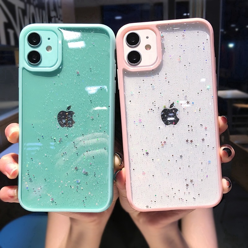 Glitter Star Sequins Soft Bling Clear Phone Case iPhone 12 Pro Max 12 Mini 11 Pro Max XS XR X 7 Plus  8 Plus Shockproof Transparent Powder Back Cover