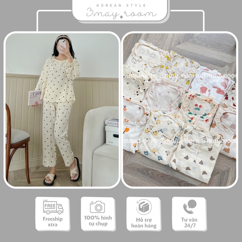 Pijama xốp đũi Hàn cổ trụ bèo dáng dài hoạ tiết dễ thương. Bộ ngủ pyjama cổ trụ bèo dáng dài