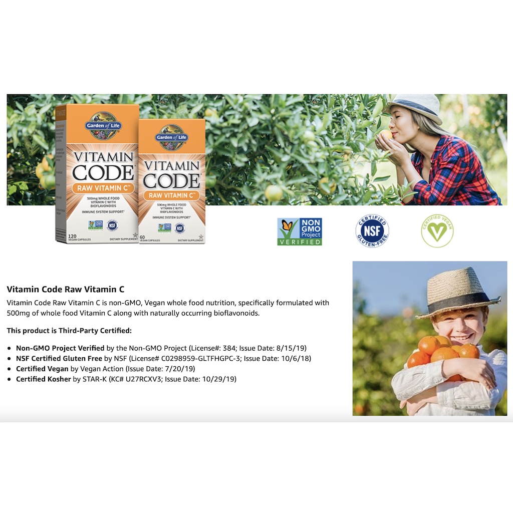 HŨ 60-120 VIÊN VITAMIN C TỪ TRÁI CÂY - RAU CỦ Garden of Life - Vitamin C Code Raw, 500mg Whole Food with Bioflavonoids