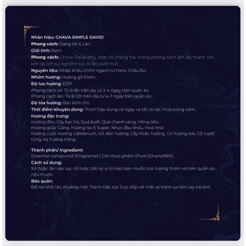 Nước hoa CHAVA DAVID 50ml chính hãng dành cho Nam