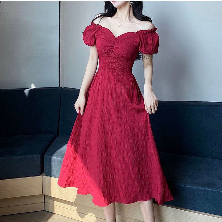 Đầm maxi trễ vai đi biển chun eo tay bồng vải xốp kiểu hàn màu đỏ đen- váy maxi đi biển B92