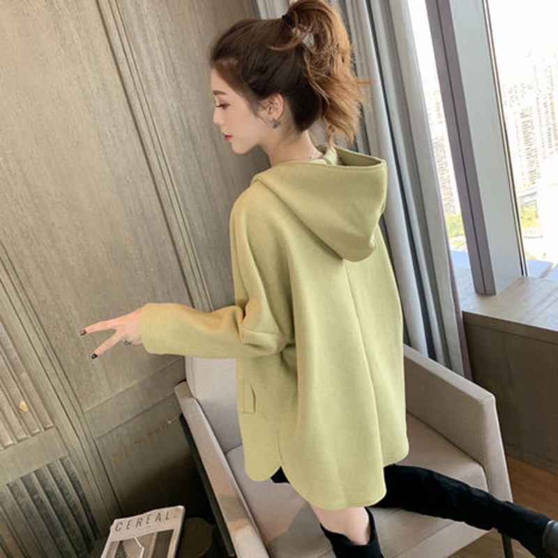 Áo Hoodie Tay Dài Màu Trơn Phong Cách Hàn Quốc Đơn Giản Dễ Phối Đồ Cho Nữ