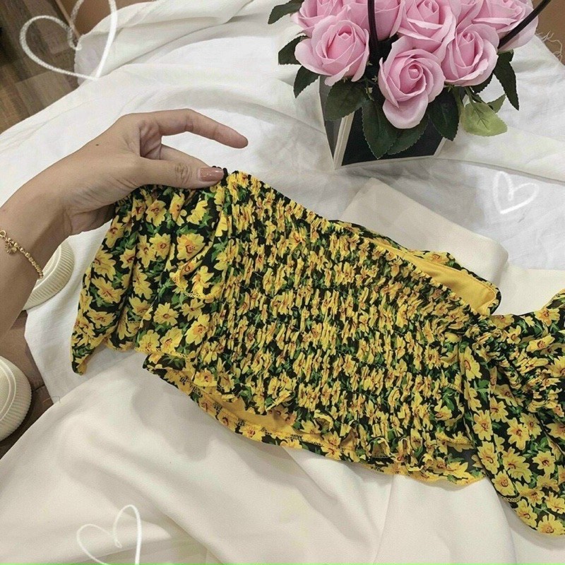 set quần suông trắng áo crotop hoa