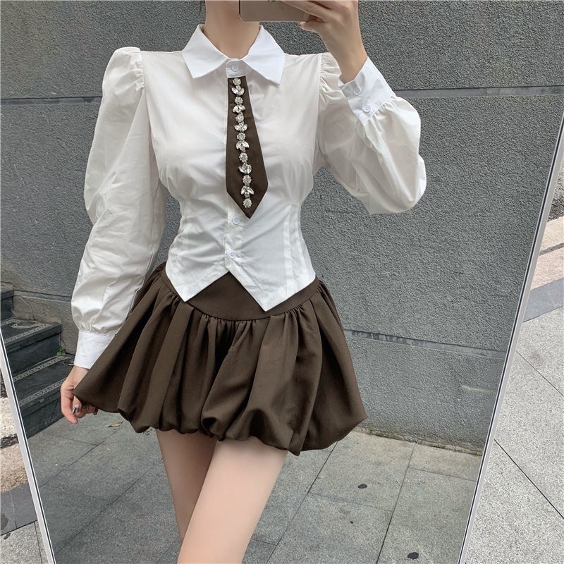 Set Áo Sơ Mi Trắng Tay Phồng + Chân Váy Xếp Ly Thiết Kế Lưng Cao Thời Trang Mùa Thu Cho Nữ (Có Bán Lẻ) | BigBuy360 - bigbuy360.vn