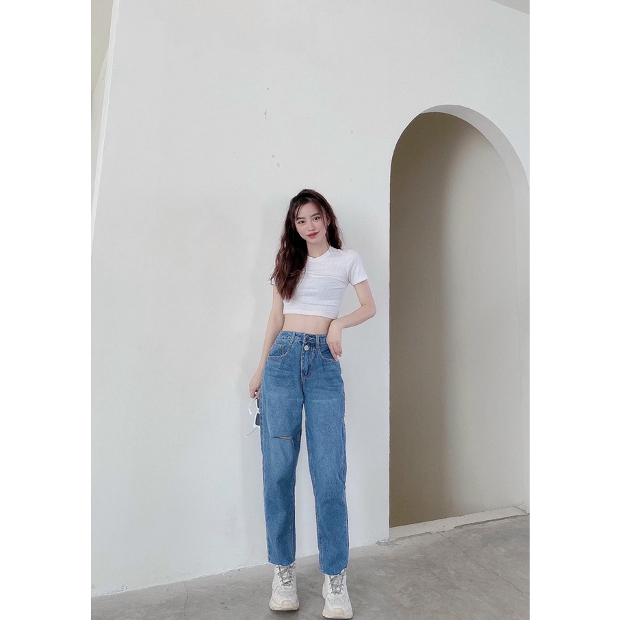 Quần jean nữ baggy ống bo rách gối , chất vải Jean Denim không co giãn, dày bền màu AnNgo - AT135