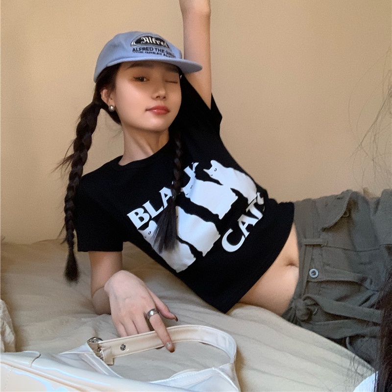 Áo Thun Croptop Tay Ngắn In Hình Mèo Dễ Thương Cho Nữ