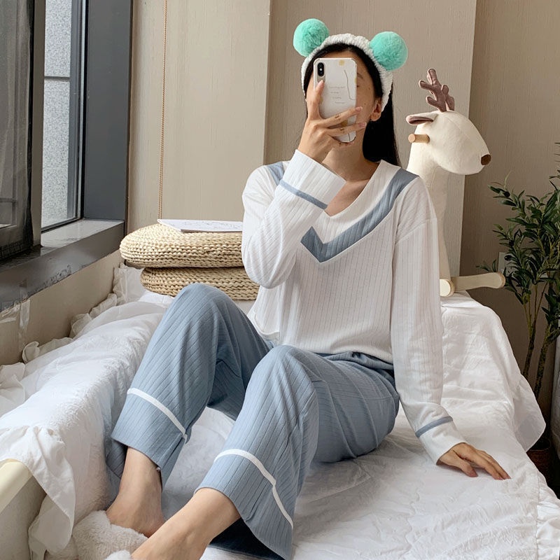 Set đồ ngủ dài tay 100% cotton phong cách Hàn Quốc thời trang thu đông dễ thương cho nữ mặc ở nhà | BigBuy360 - bigbuy360.vn