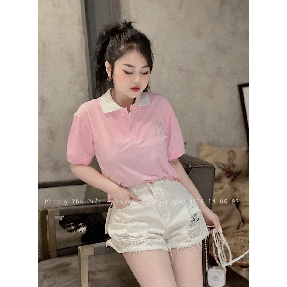 APN192 - ÁO POLO HỒNG CỔ TRẮNG THÊU NY CHO NỮ