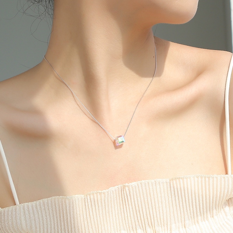 Vòng cổ bạc charm lập phương 7 màu thiết kế đơn giản lấp lánh, Dây cổ bạc 925 DUYSON SILVER [DCKX26]