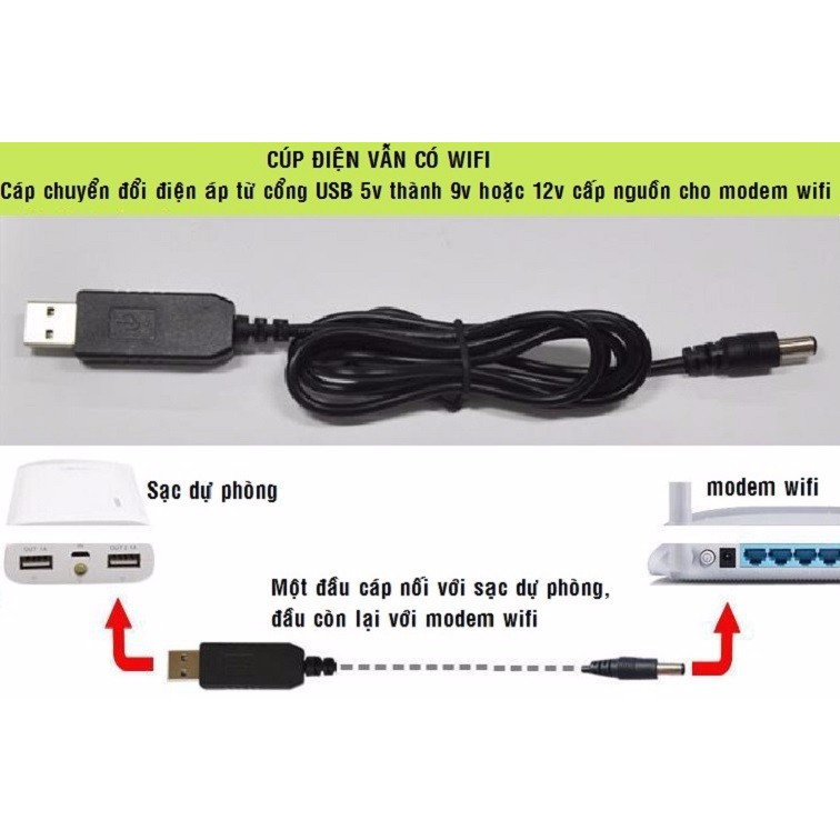 Cáp chuyển đổi điện áp từ cổng USB 5V sang 9V/12V