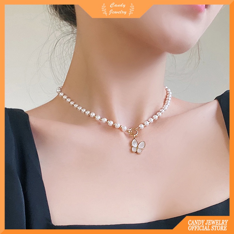Vòng cổ Mặt Hình Bướm Đính Ngọc Trai Phong Cách Hàn Quốc
