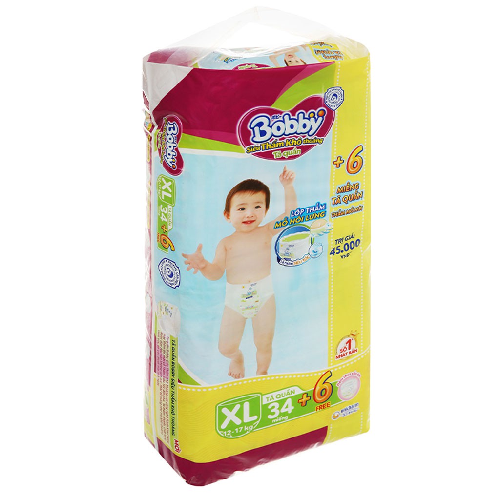 [CHÍNH HÃNG] Bỉm - Tã Quần Bobby Siêu Thấm Khô Thoáng Size XL34 (Lớp thấm mồ hôi lưng, cho bé 12-17kg)