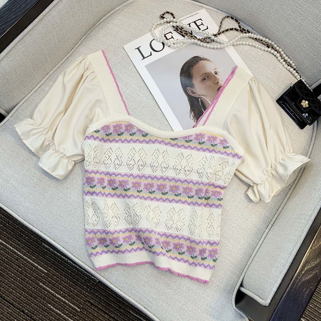 Áo Croptop Dệt Kim Tay Bồng Hoạ Tiết Hoa Thời Trang Mùa Hè Dành Cho Nữ