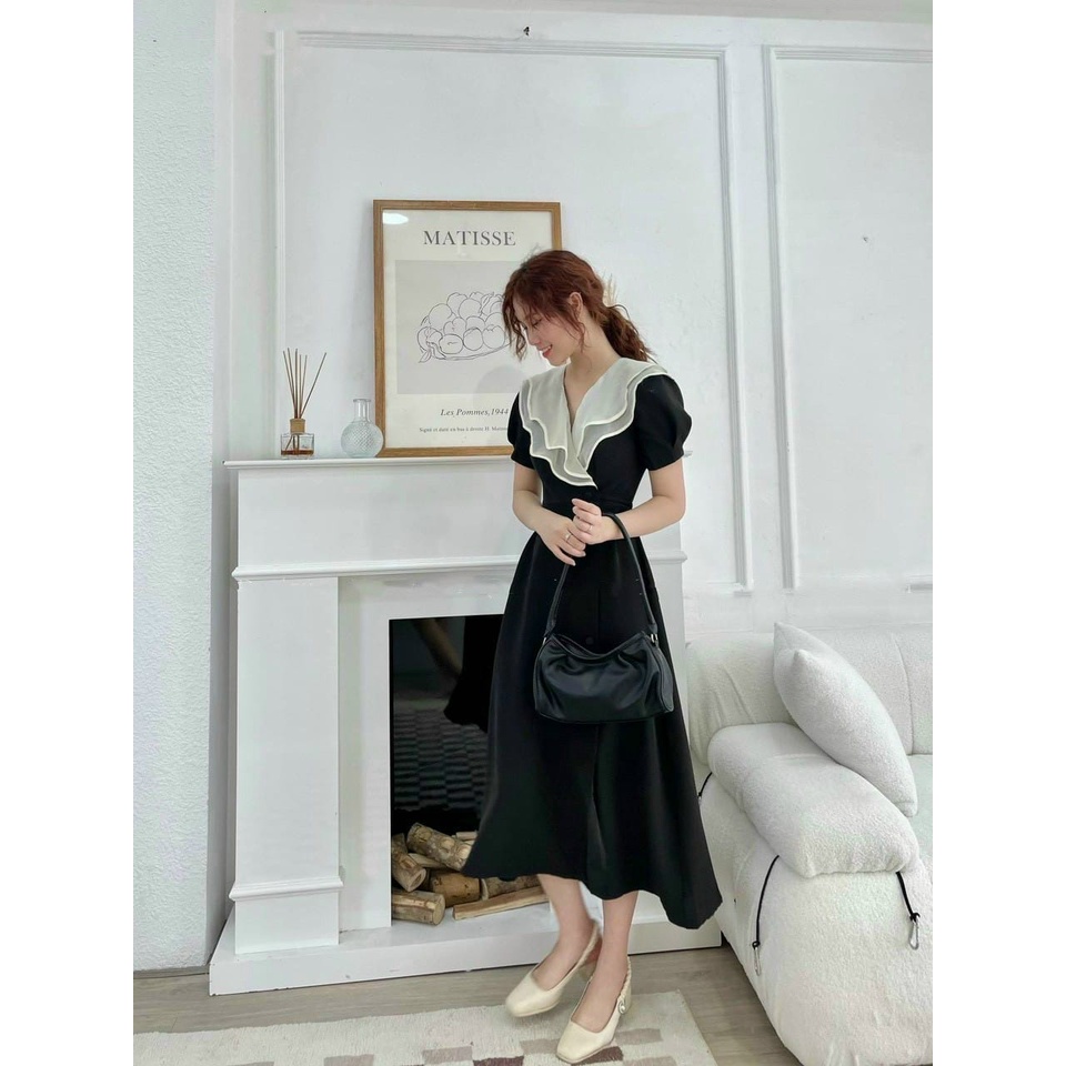 Váy nữ thiết kế dự tiệc, Đầm Midi phối bèo cổ trẻ trung , dễ thương